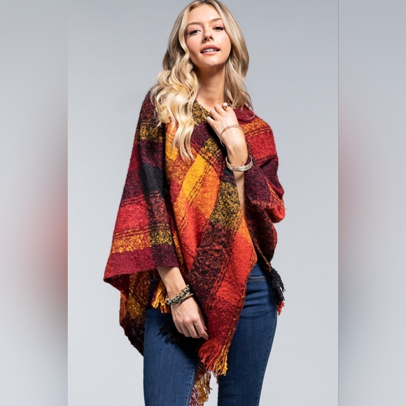 Poncho Plaid Pumpkin Spice - Boucle Yarn Dyed - Great Fall Colors - Soft & Warm - Picture 3 of 6